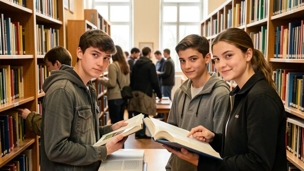 Imaxe xenérica de catro estudantes nunha biblioteca preparándose para os exames.