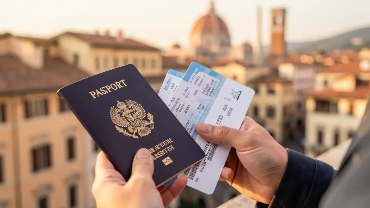 Primer plano de las manos de un estudiante sosteniendo un pasaporte y una tarjeta de embarque, con un paisaje urbano italiano desenfocado al fondo.