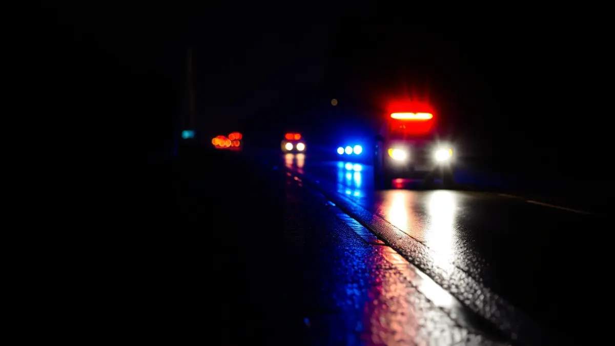 Imagen genérica de luces de emergencia reflejándose sobre asfalto mojado.