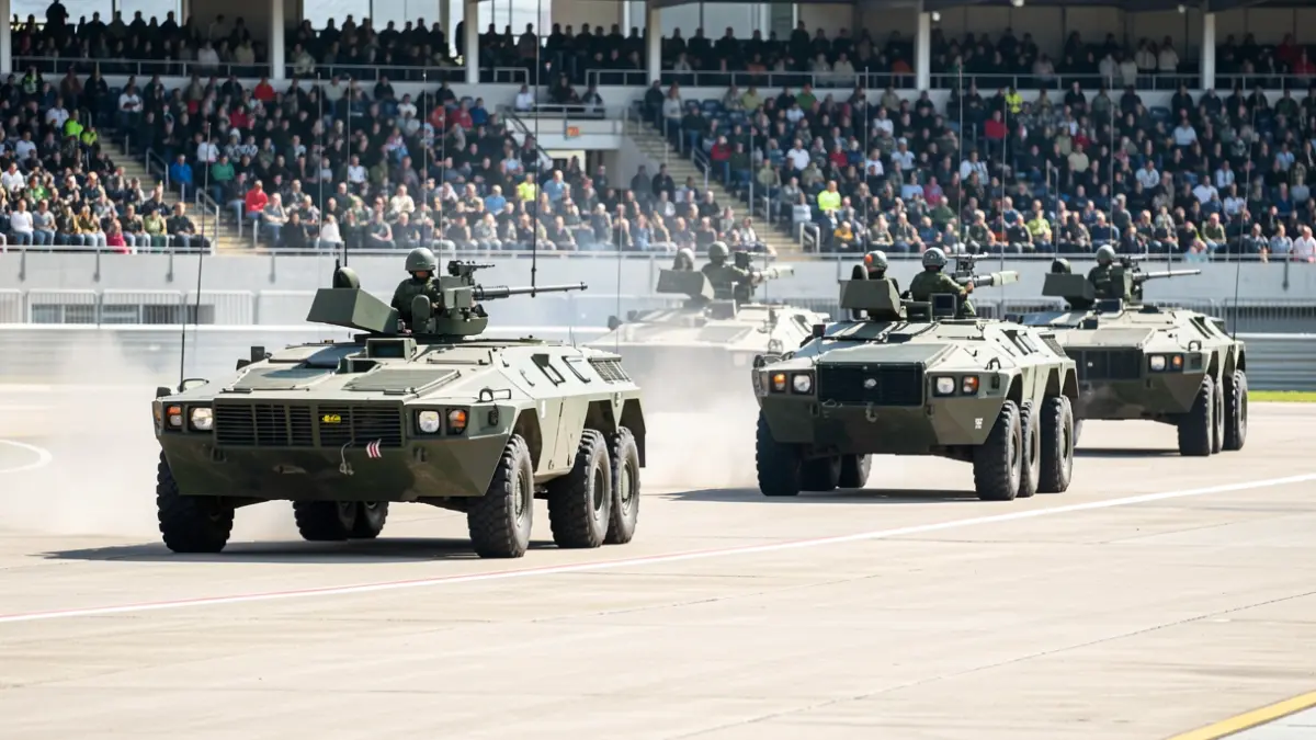 Imagen genérica de una exhibición militar con vehículos y personal en acción.