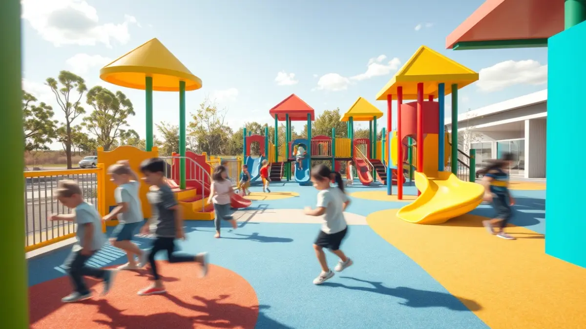 Imaxe xenérica dun parque infantil moderno e cheo de nenos xogando.