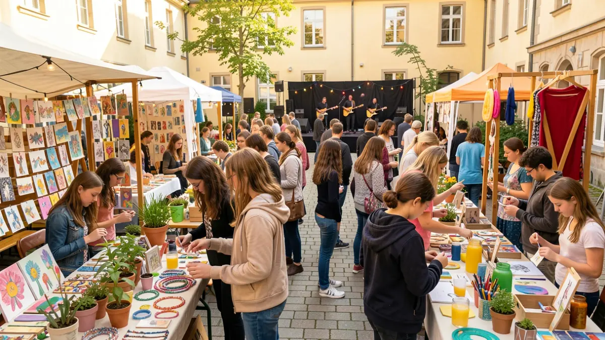 Imaxe xenérica dun patio escolar cheo de postos de artesanía e xente participando nun mercadillo solidario.