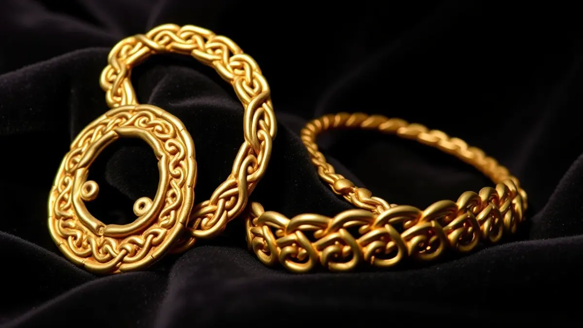 Imagen de torques y brazalete castreños de oro, piezas arqueológicas.