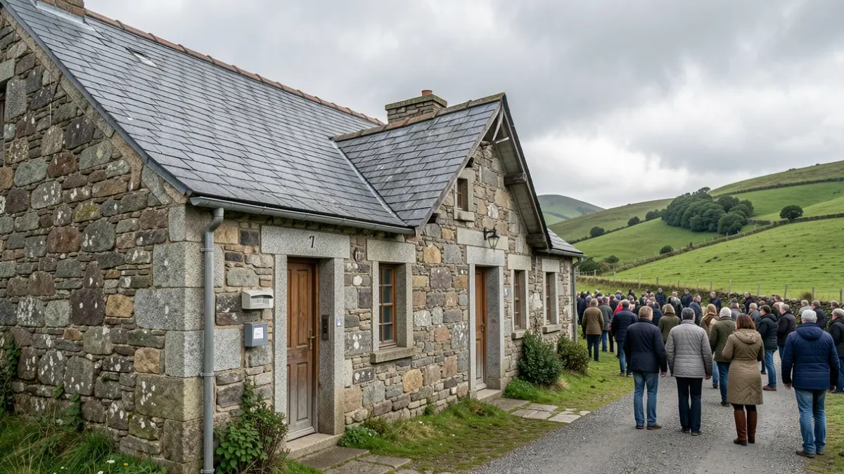 Imaxe xenérica dunha casa rural tradicional galega de pedra baixo un ceo nubrado.