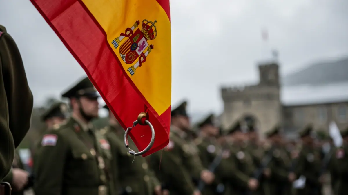 Imagen de una bandera española dañada durante una ceremonia militar en Galicia.