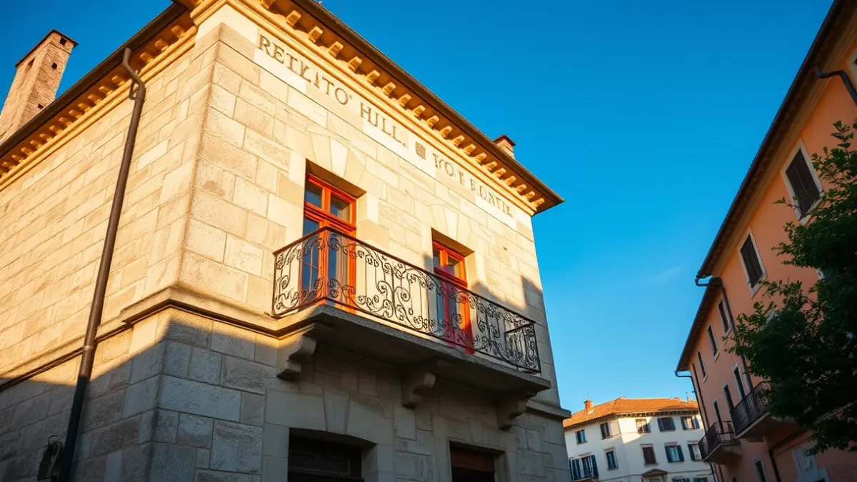 Fachada dun concello galego con balcón de ferro forxado.