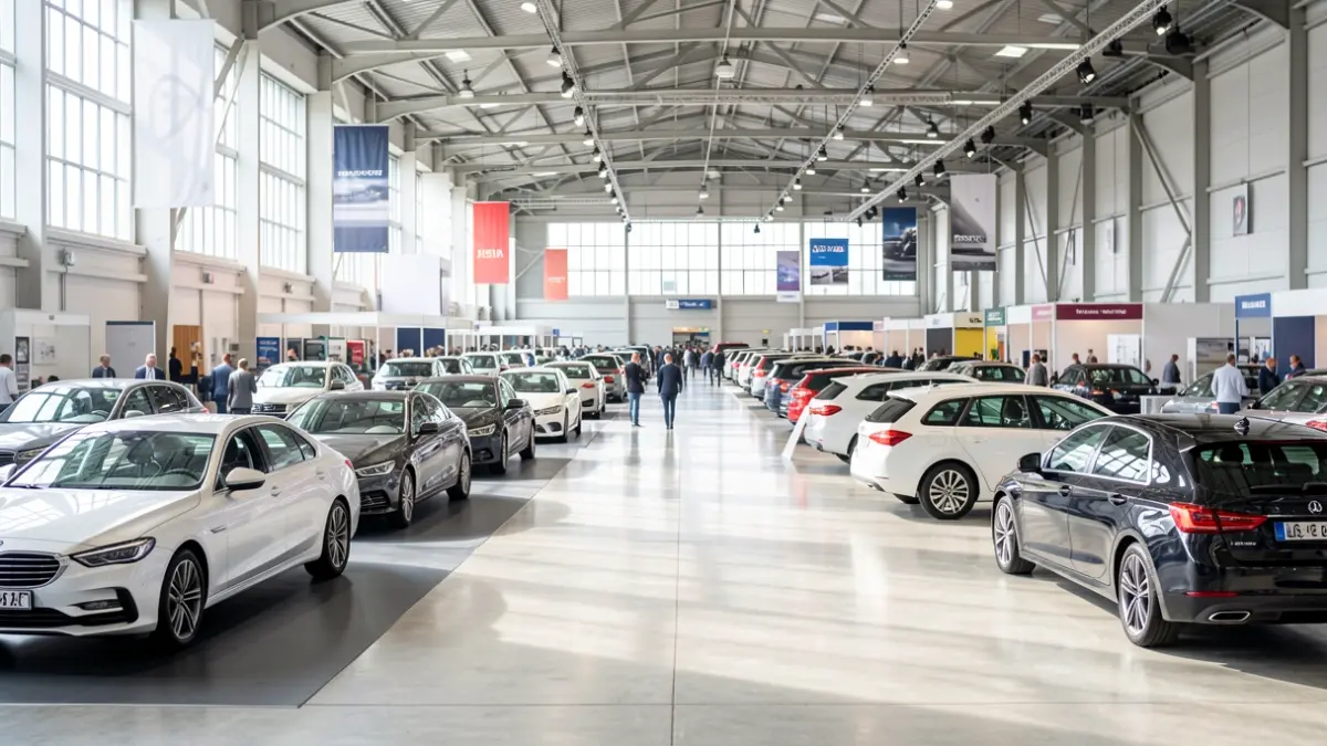 Imaxe xenérica dunha feira de automóbiles con vehículos expostos nun pavillón.