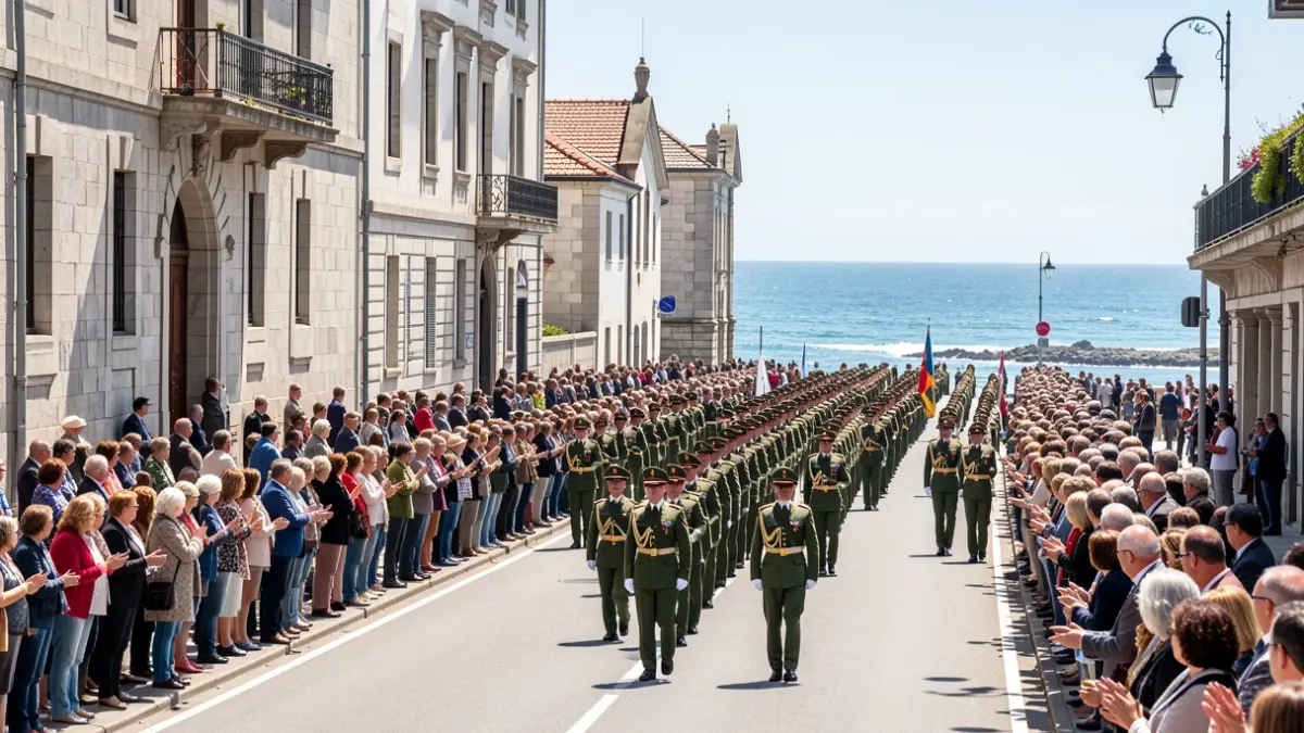 Desfile militar na avenida de Samil en Vigo con autoridades e público.