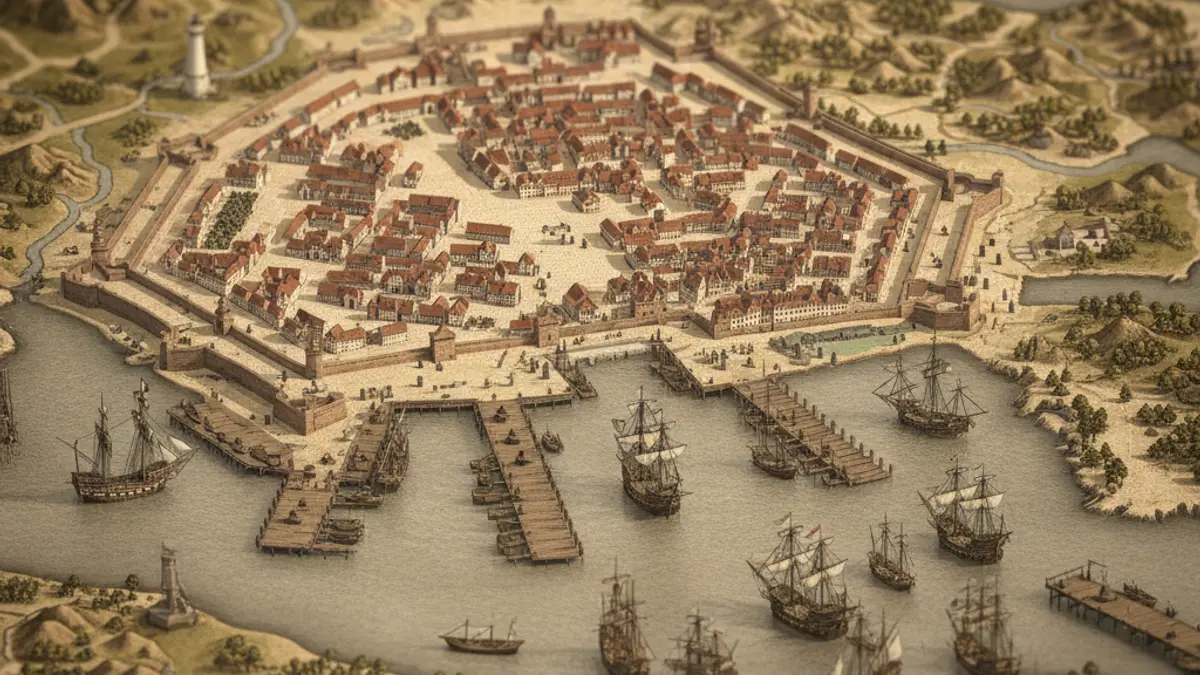Imagen de un mapa histórico que representa la planificación urbana y las infraestructuras navales de una ciudad costera.