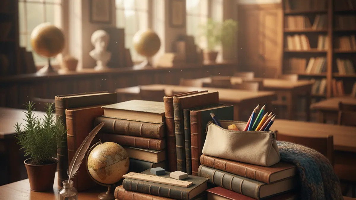 Imaxe xenérica de libros e material escolar sobre unha mesa.