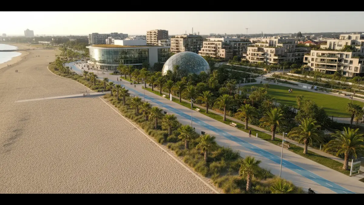 Imagen de una nueva zona de playa urbana con edificios modernos y senderos peatonales.