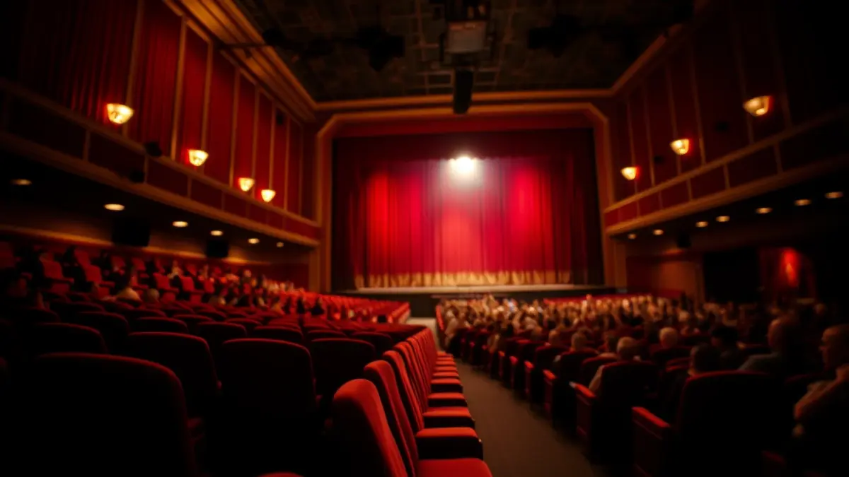 Imaxe xenérica dun teatro iluminado, con asentos de veludo vermello e un escenario con foco.