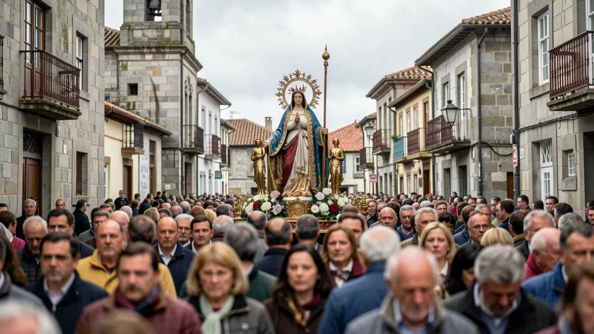 Imaxe dunha procesión relixiosa coa Virxe dos Desamparados nunha praza galega.