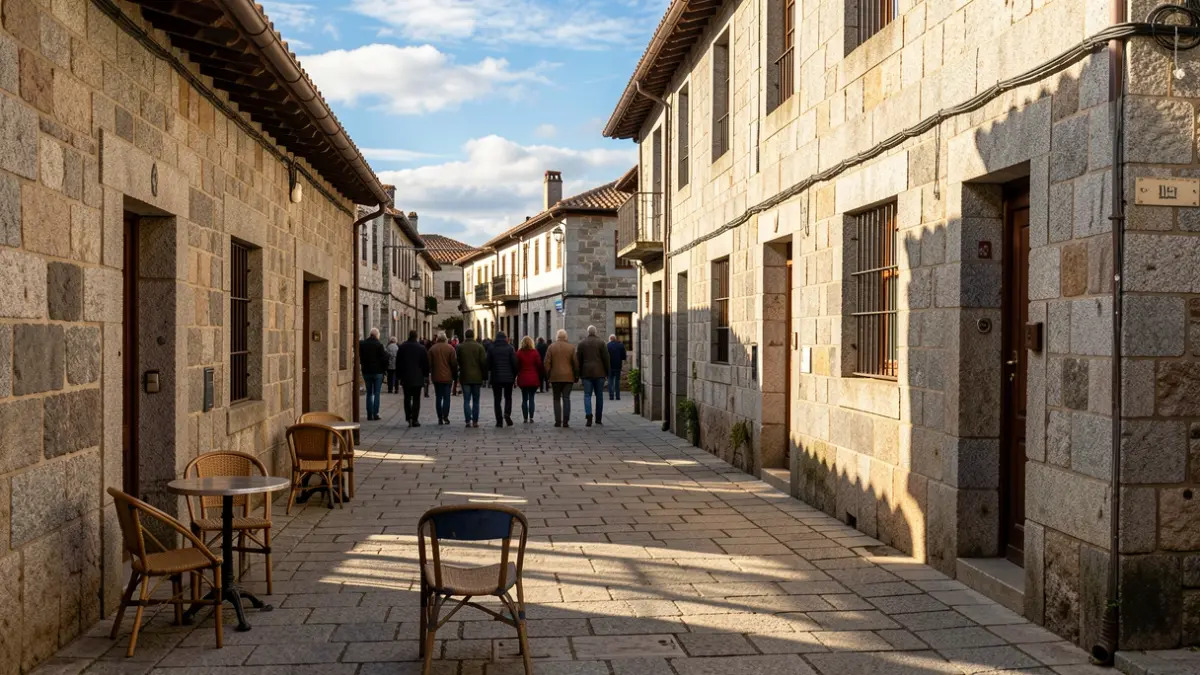 Rúa empedrada en Lugo con arquitectura tradicional de granito e cadeiras de café espalladas, luz cálida da tarde.