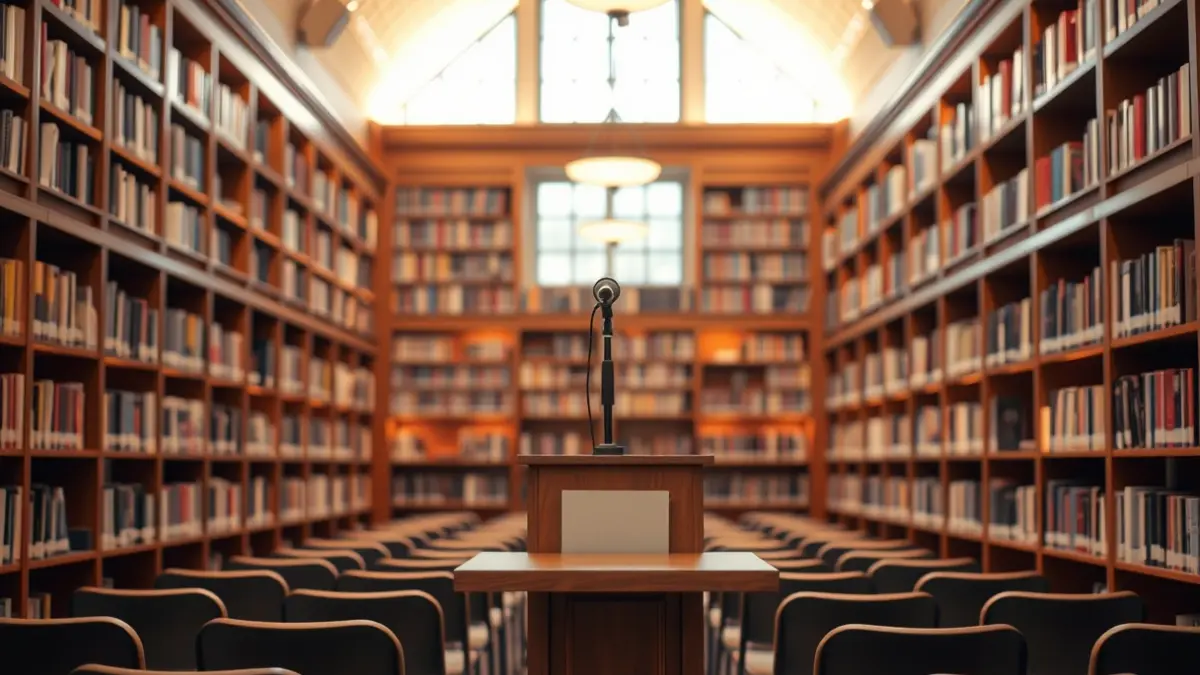 Imagen genérica de una sala de presentaciones literarias o biblioteca.
