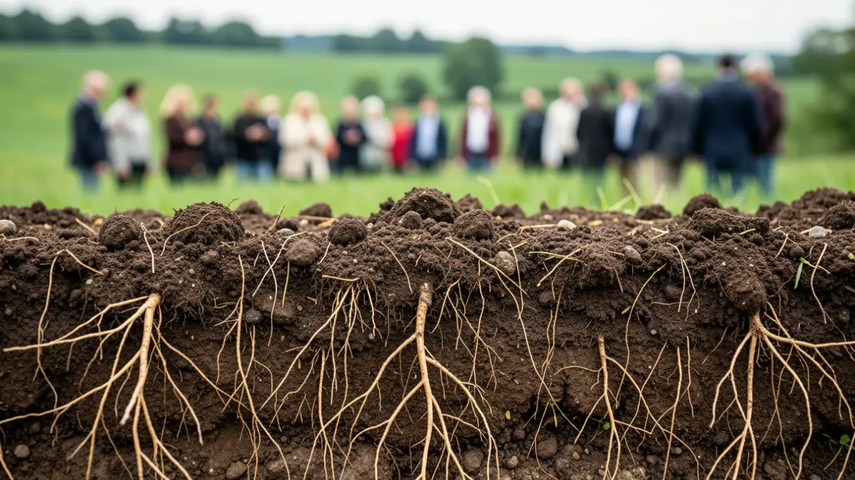 Primeira imaxe dunha mostra de terra con raíces, simbolizando a edafoloxía e a rexeneración do terreo.