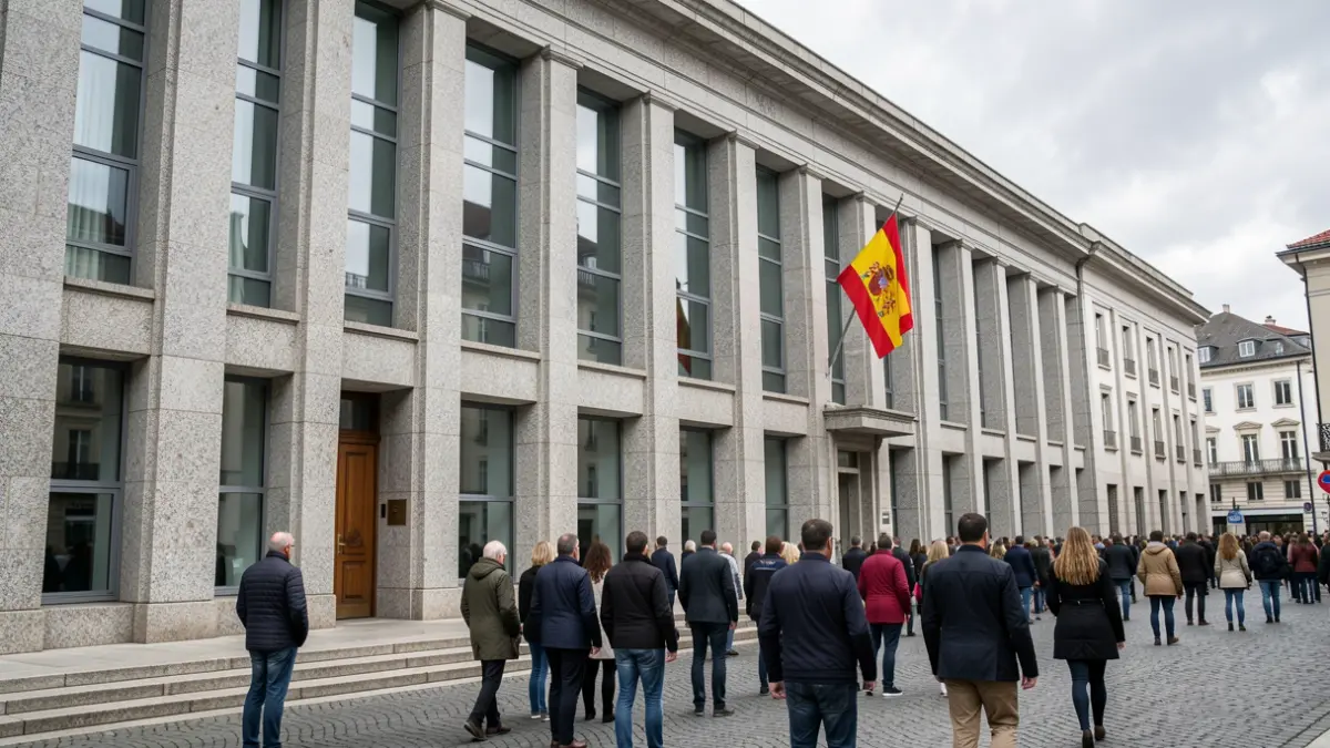 Imaxe xenérica dun edificio xudicial con bandeira española e ceo nubrado.