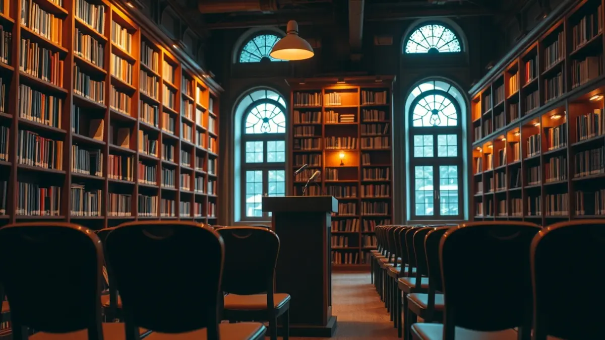 Imagen genérica de una biblioteca con estantes de madera y un podio con micrófono.