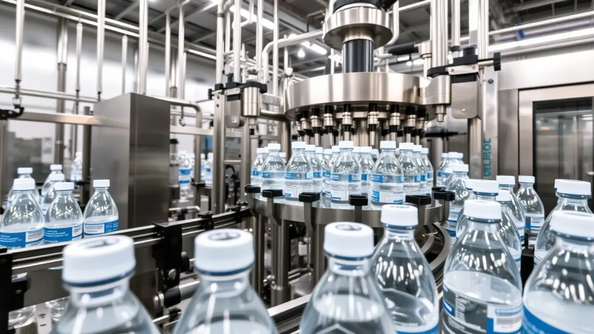 Imaxe xenérica dunha planta embotelladora de auga.