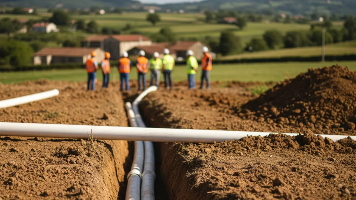 Imagen genérica de obras de saneamiento con tuberías y zanjas.