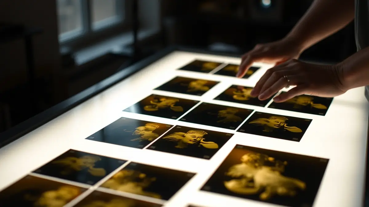 Imaxe xenérica de negativos fotográficos antigos sobre unha mesa de luz.