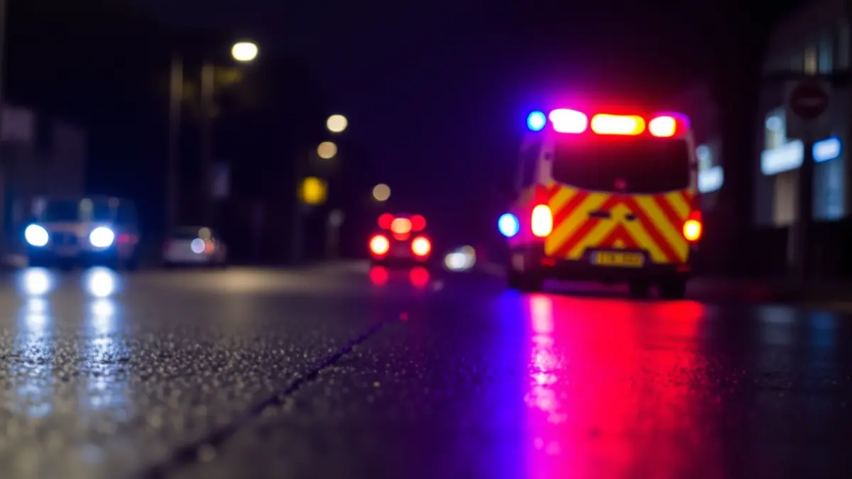 Imagen genérica de luces de emergencia reflejándose sobre asfalto mojado.