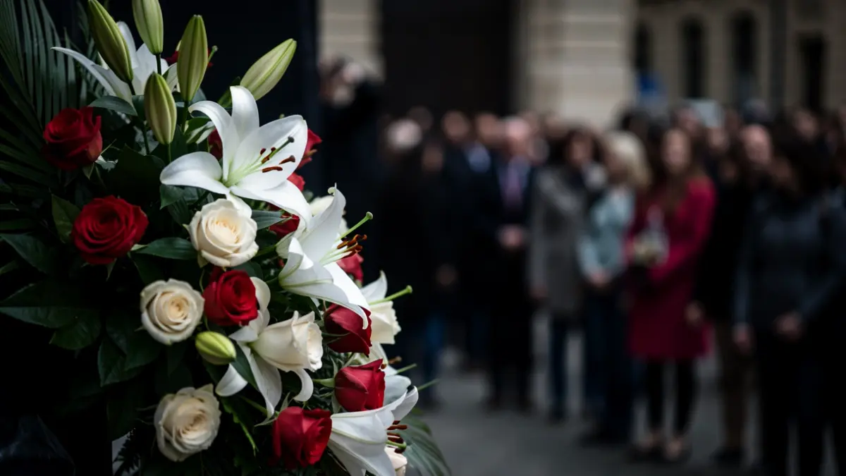 Primeiro plano dun arranxo floral funerario con lirios e rosas.