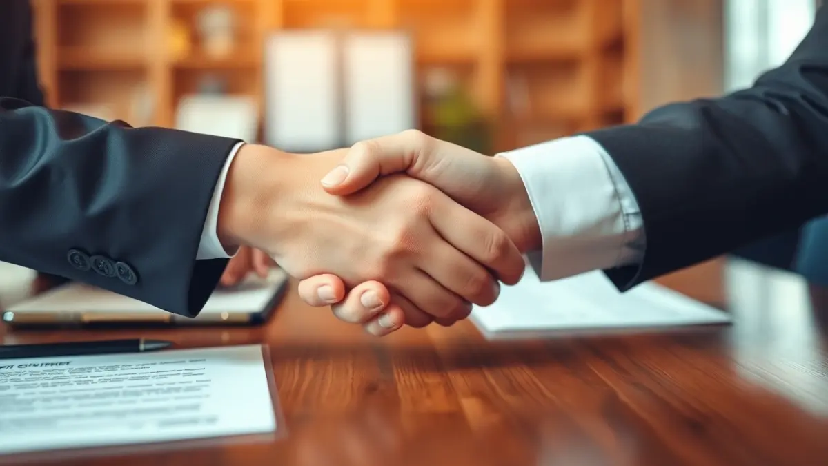 Imaxe xenérica de dúas mans estreitándose sobre un escritorio, simbolizando un acordo empresarial.