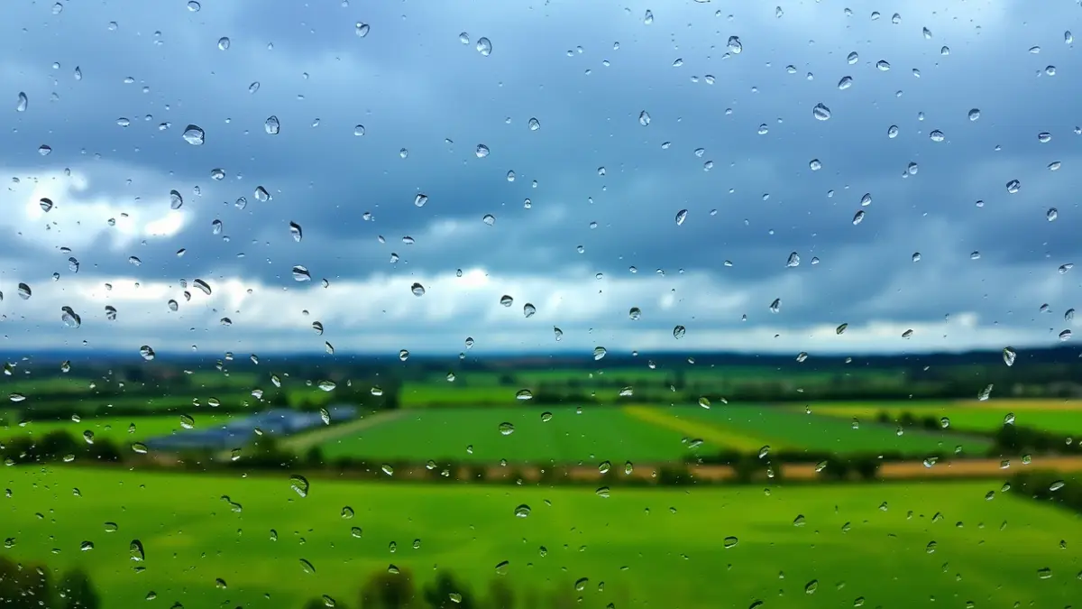 Imagen genérica de nubes y lluvia sobre un paisaje gallego.