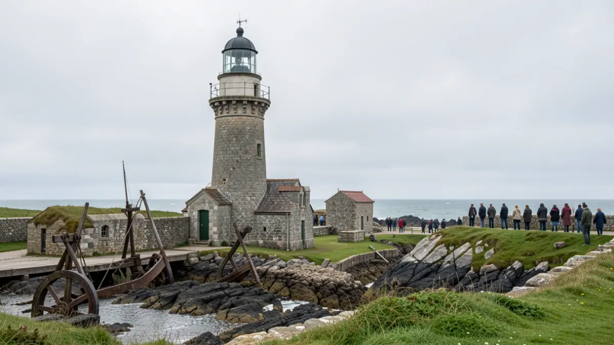 Imaxe xenérica de elementos do patrimonio marítimo galego nunha costa rochosa.