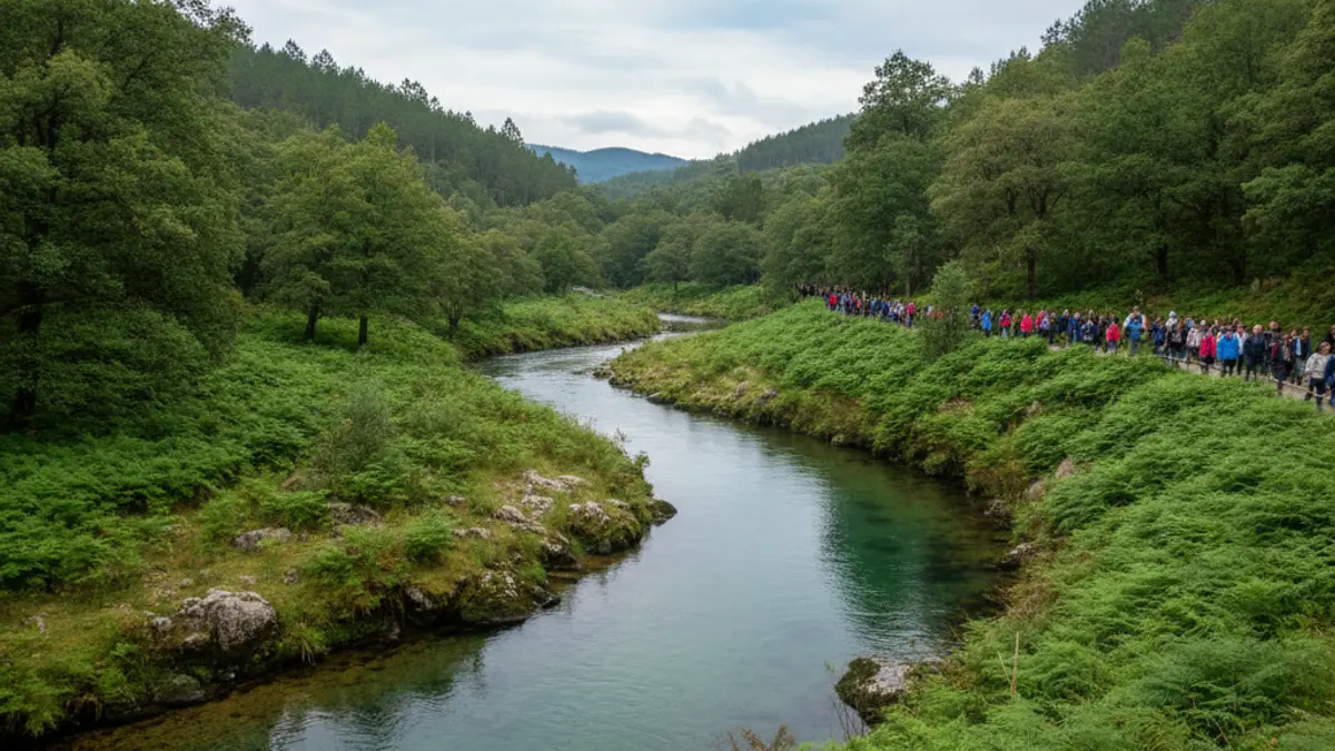 Imaxe xenérica dun río en Galicia, con vexetación exuberante nas beiras.