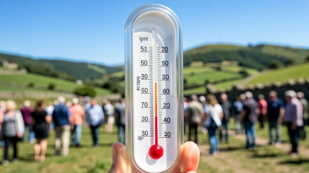 Imaxe xenérica dun termómetro marcando un ascenso das temperaturas nunha contorna natural.