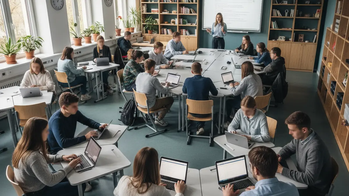 Imaxe xenérica dunha aula moderna con tecnoloxía dixital.