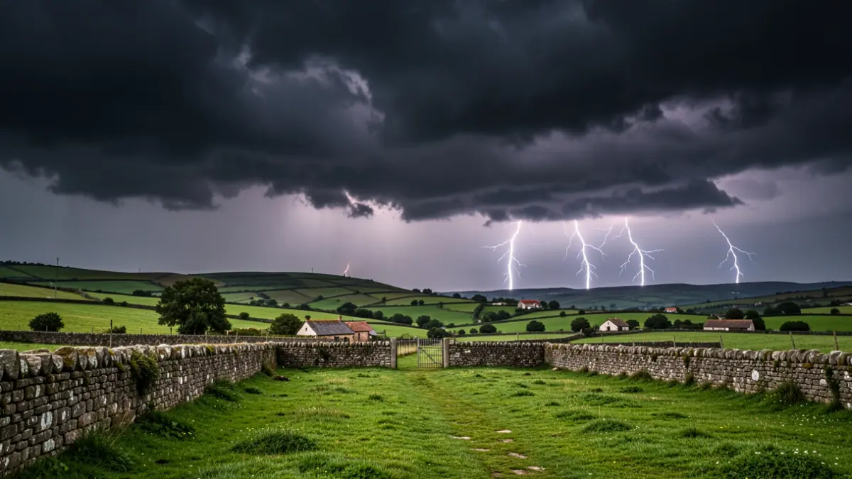 Imaxe xenérica de tormenta eléctrica sobre unha paisaxe rural galega.