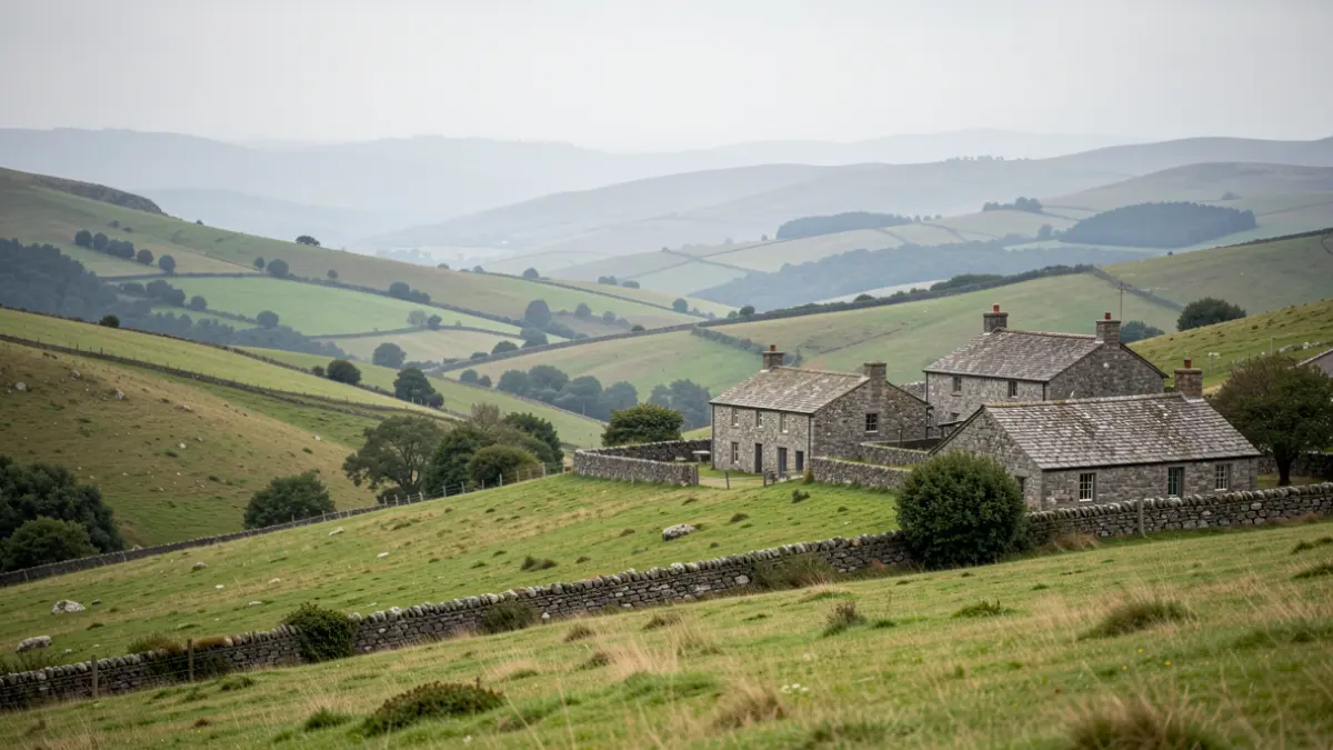 Imaxe xenérica dunha paisaxe rural galega de media montaña con casas de pedra.
