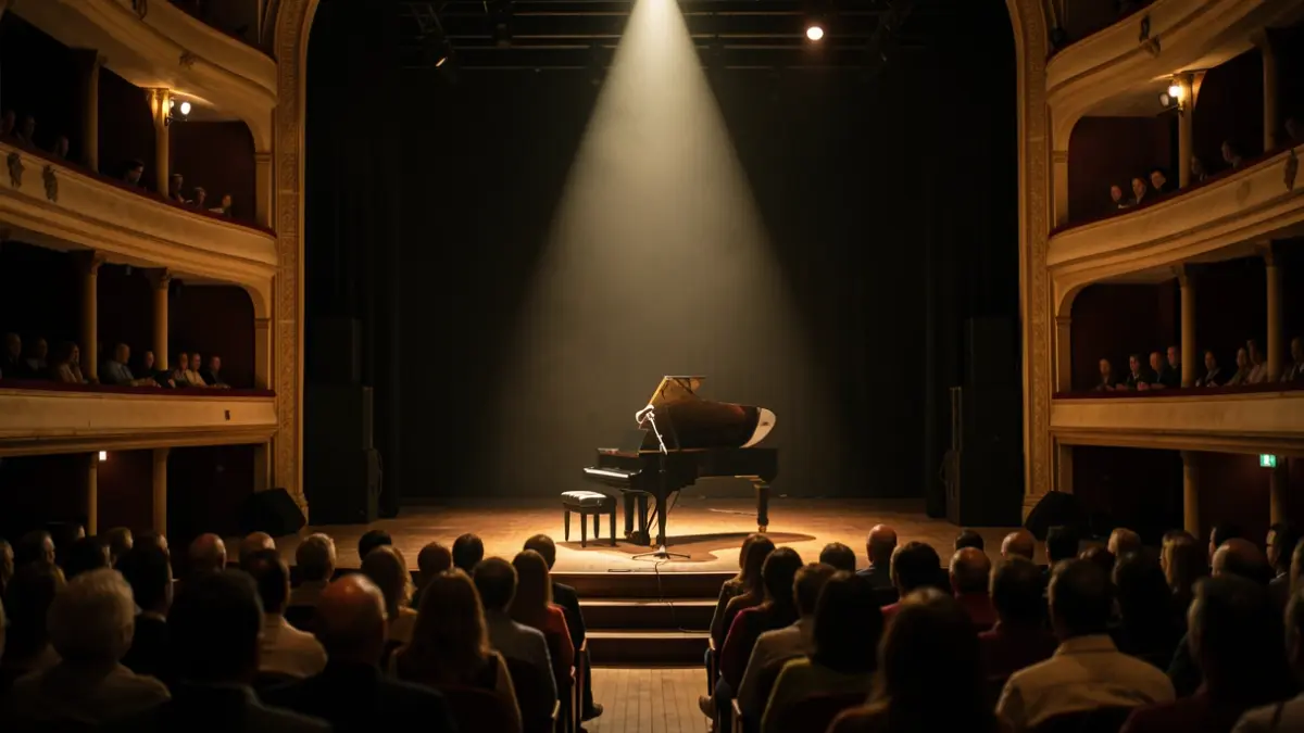 Imaxe xenérica dun escenario baleiro cun piano e un micrófono nunha sala de concertos.