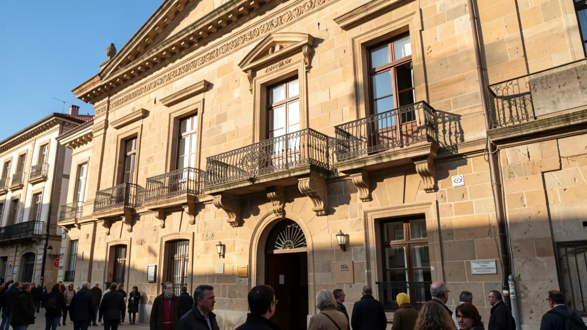 Imaxe xenérica dun edificio institucional con balcón e detalles de pedra baixo a luz do sol.