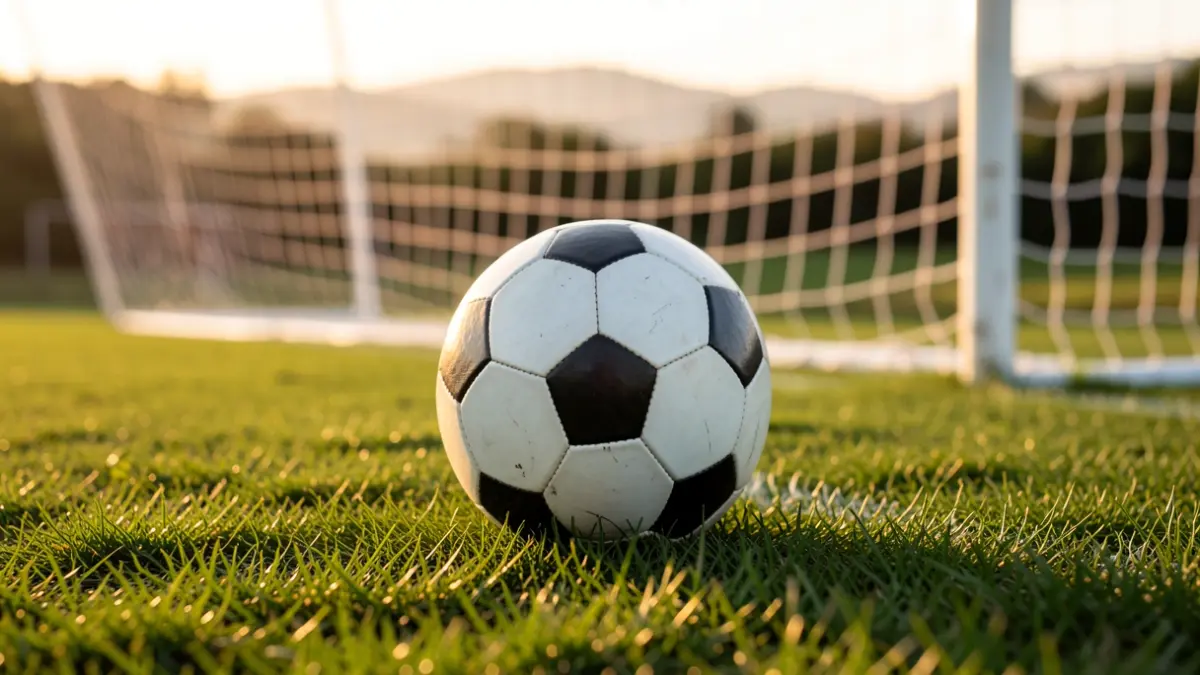 Imagen genérica de un balón de fútbol sobre césped con red borrosa al fondo.
