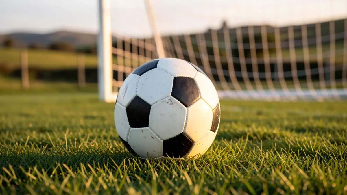 Imaxe xenérica dun balón de fútbol sobre herba cunha rede borrosa ao fondo.