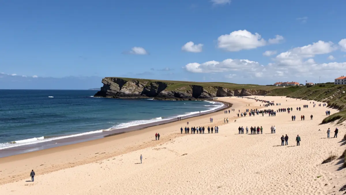Imaxe dunha costa galega con dúas praias distintas separadas por un afloramento rochoso.