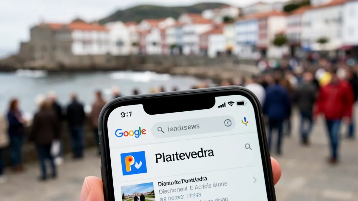 Imagen de un teléfono móvil mostrando la interfaz de Google Noticias con el logo de Diario de Pontevedra.