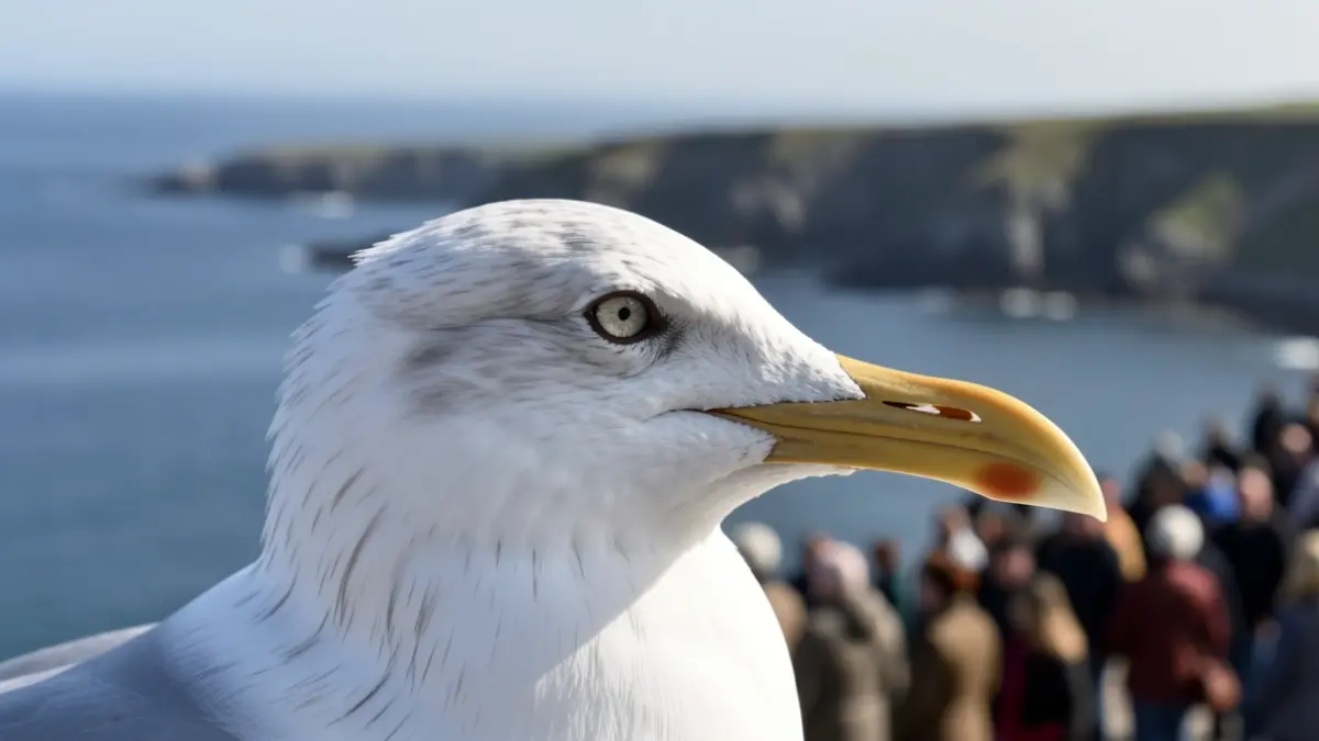 Primer plano de una gaviota con una costa gallega difuminada al fondo.