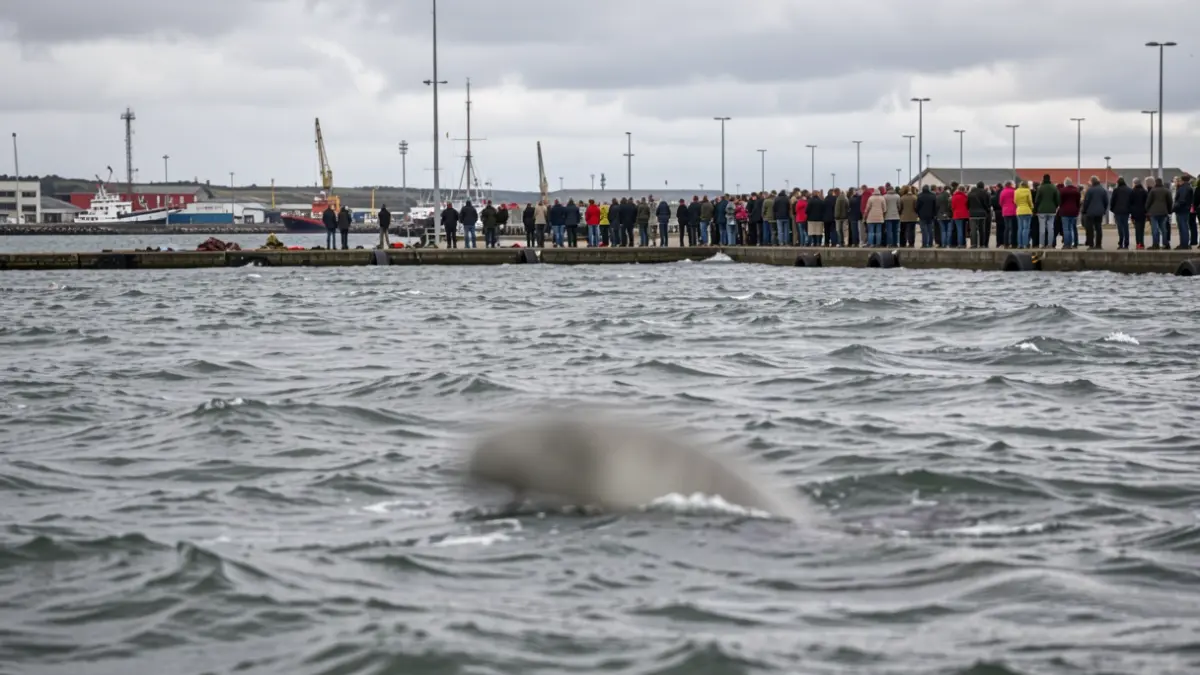 Imagen genérica de un cuerpo flotando en aguas portuarias con elementos industriales y cielo nublado.