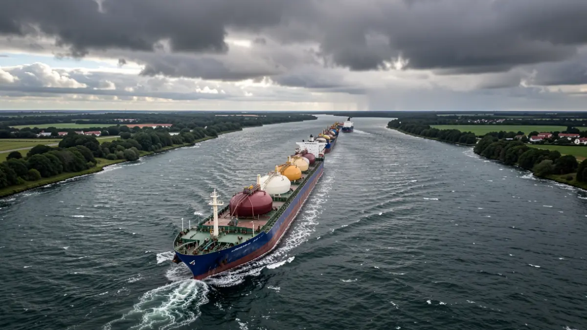 Vista aérea de un gran buque de carga navegando por un estrecho, transportando petroleros, con un cielo dramático y mar agitado.