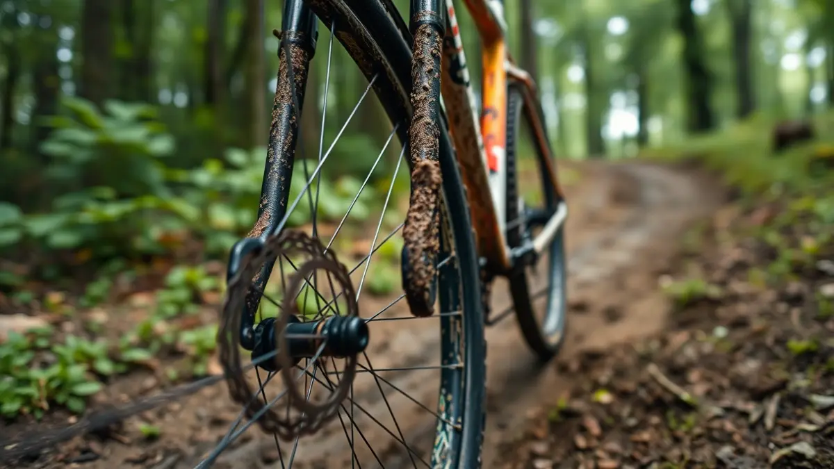 Imagen genérica de una rueda de bicicleta de montaña llena de barro en un camino forestal.