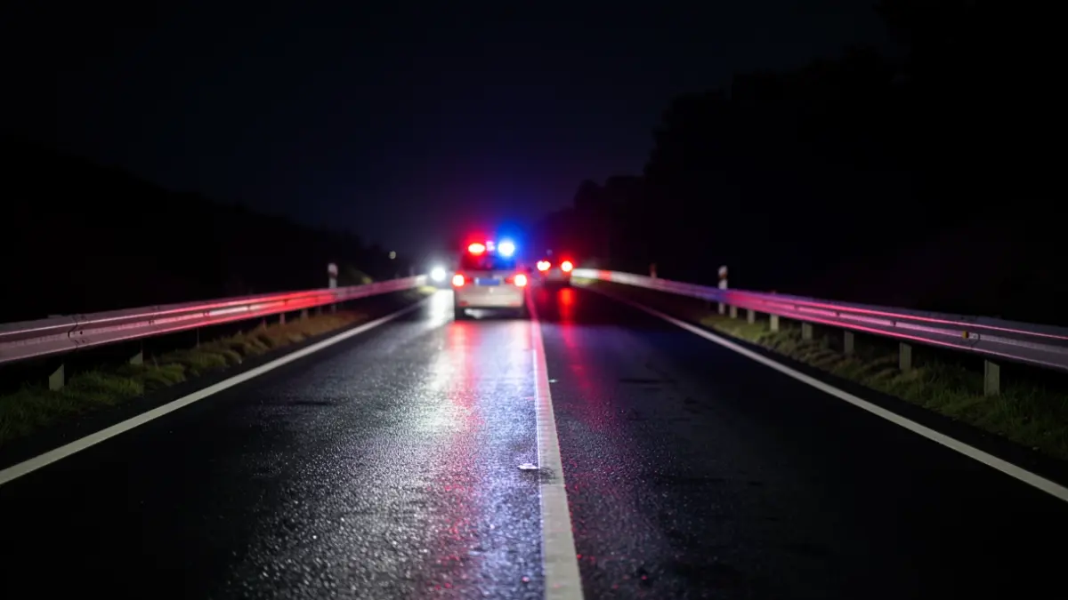 Imaxe xenérica de luces de emerxencia nunha estrada mollada pola noite.