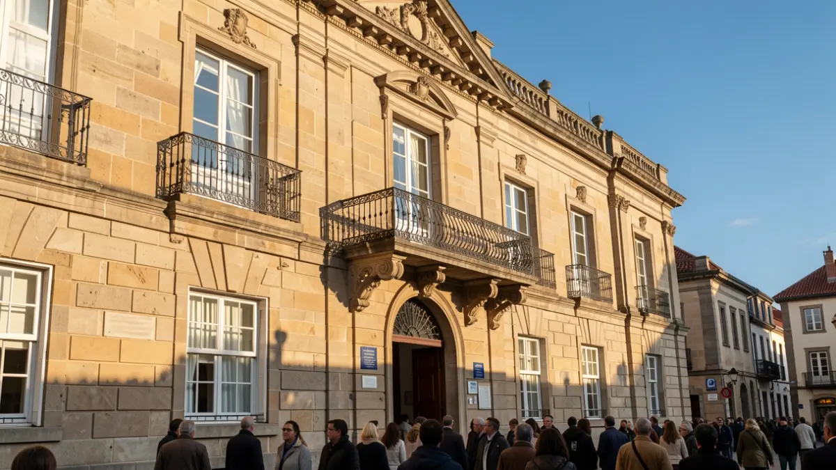 Imaxe xenérica dunha fachada de concello de pedra galego con balcón ornamentado e raís de ferro, luz solar cálida da tarde.
