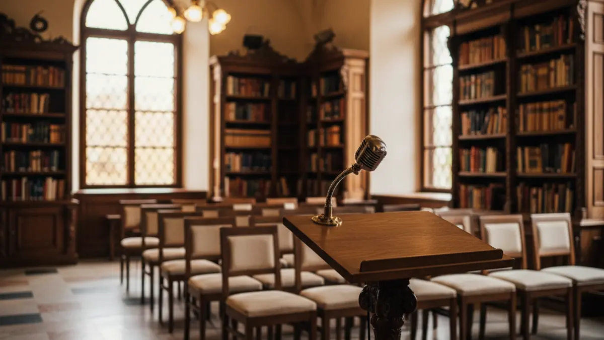 Imagen genérica de una biblioteca con estantes de madera y un podio con micrófono.
