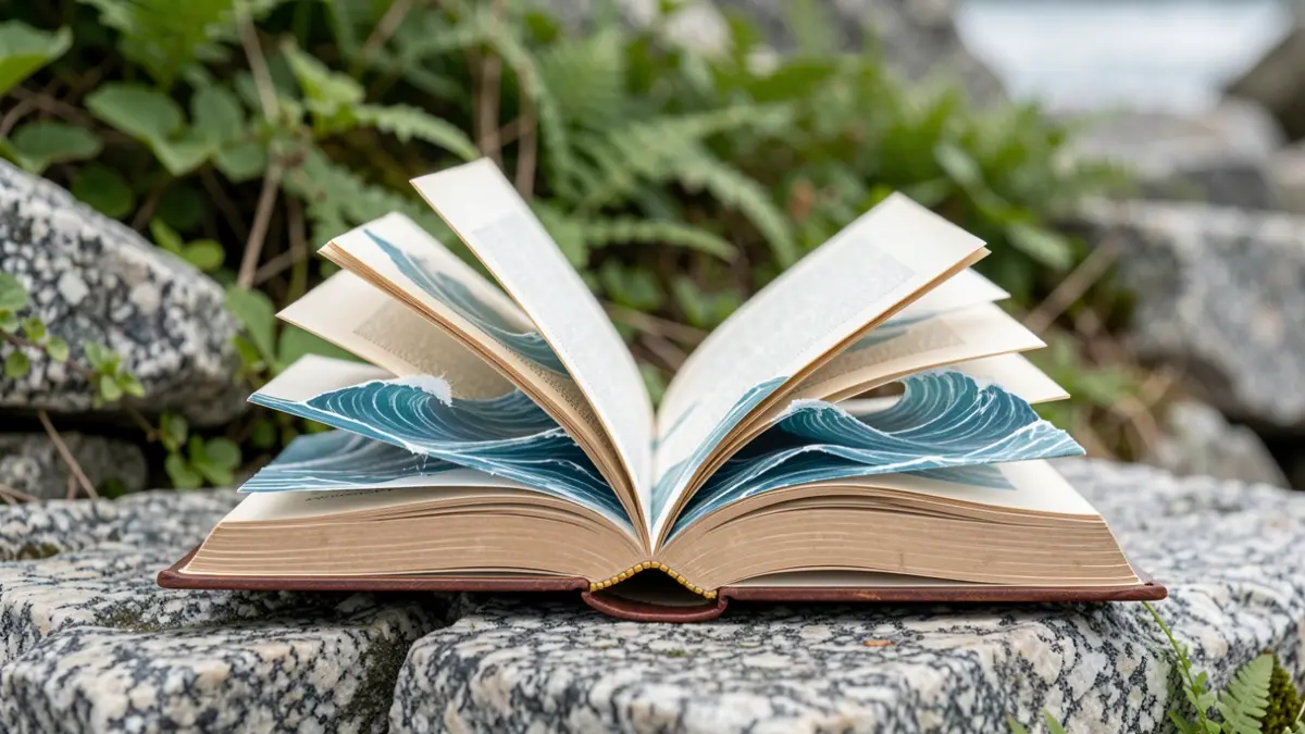 Imagen simbólica de la literatura gallega y el feminismo, con un libro abierto y olas.