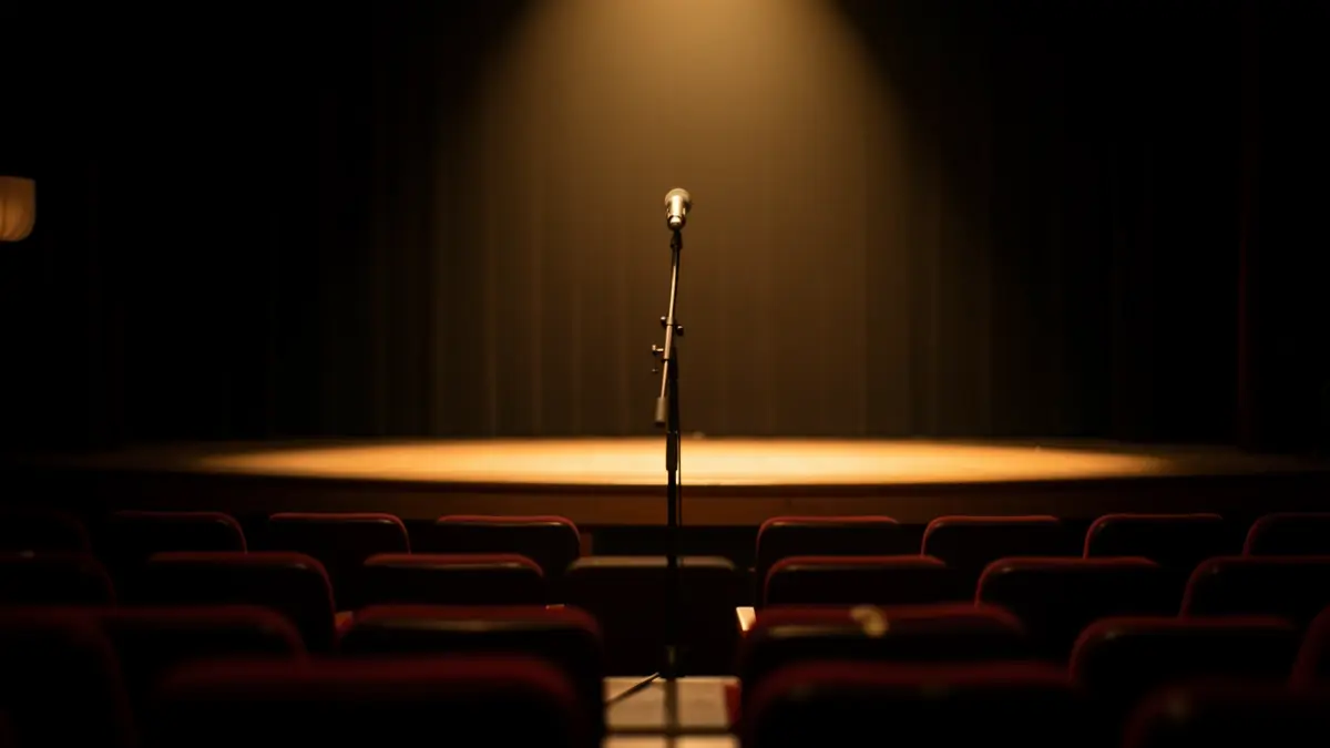 Imaxe xenérica dun escenario de teatro baleiro con un micrófono.